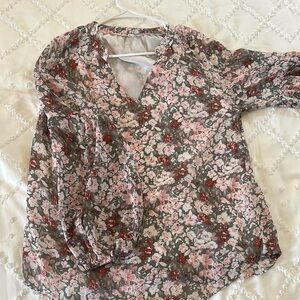 Pink and Gray Floral Mandarin Collar Blouse